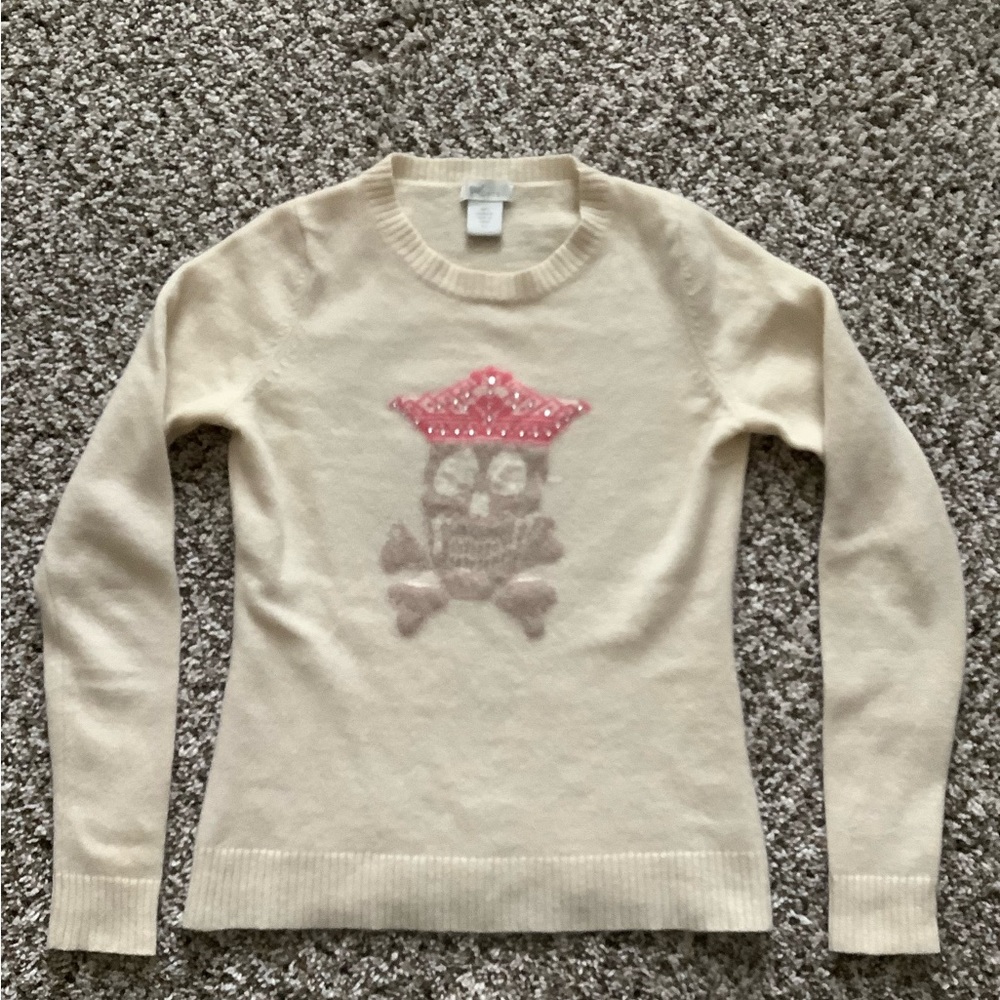 Goats Soft 100% Pure Cashmere Sweater Skull With Pink Rhinestone Crown
